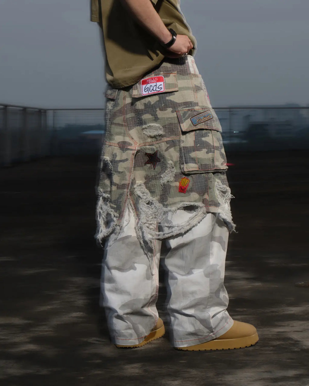 LNM Distressed Camo Patchwork Layered Pants