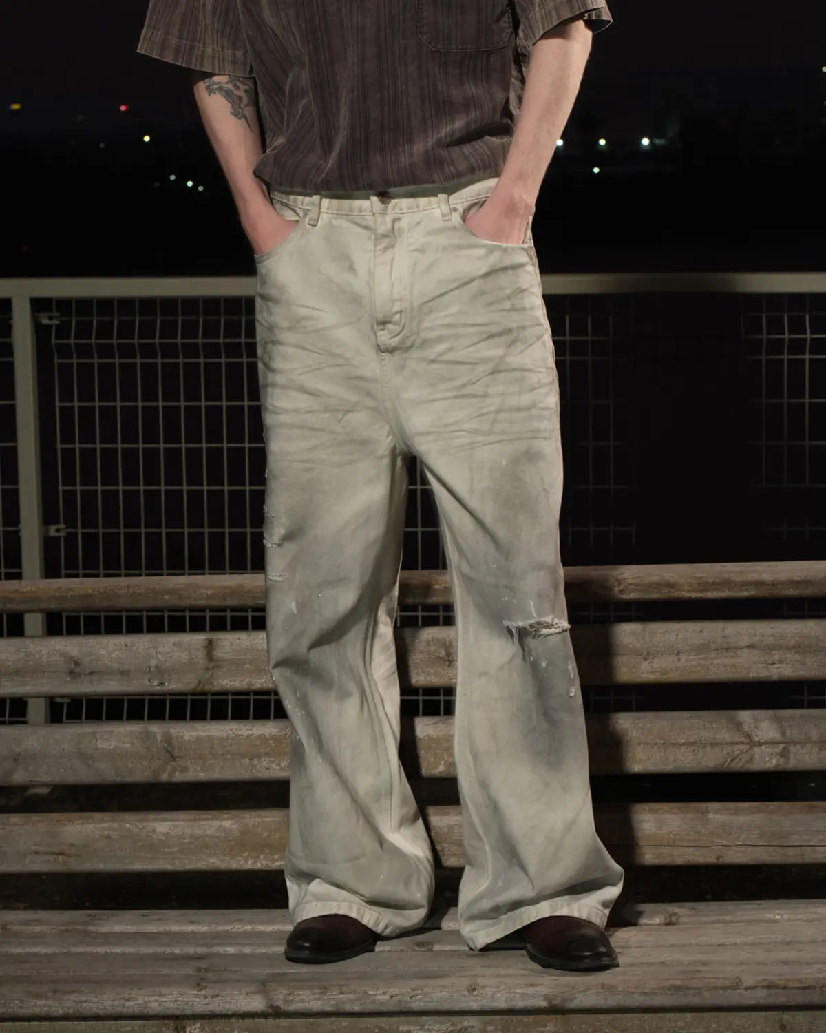 LNM Paint-Splatter Pleated Denim Jeans