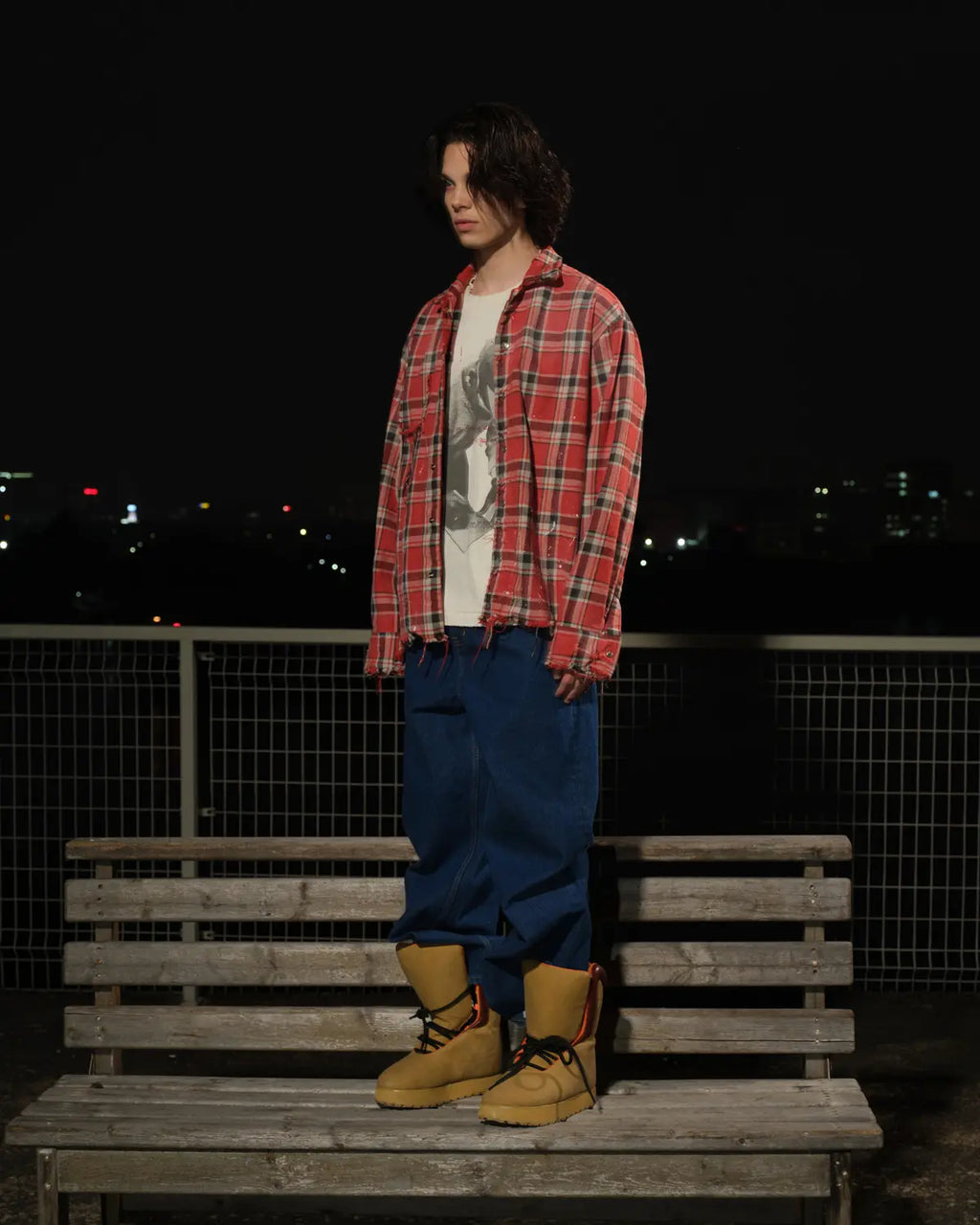LNM Red & Blue Colorblock Plaid Distressed Shirt
