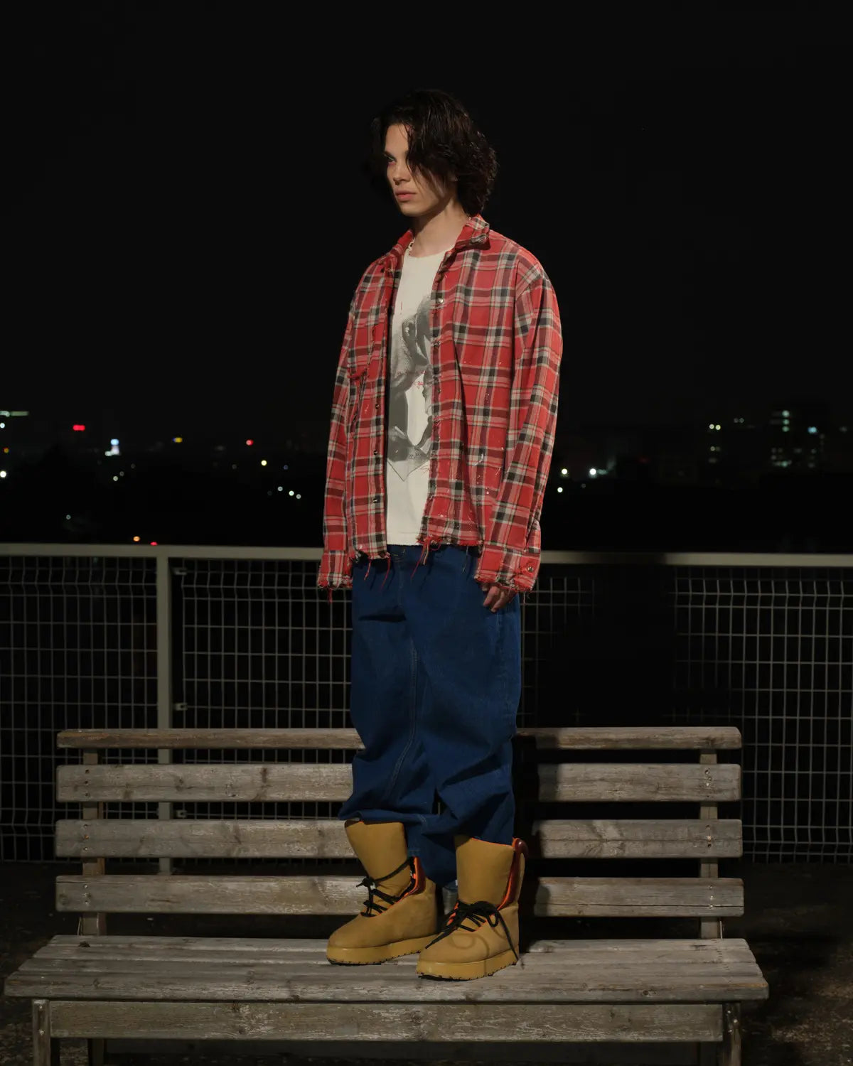 LNM Red & Blue Colorblock Plaid Distressed Shirt