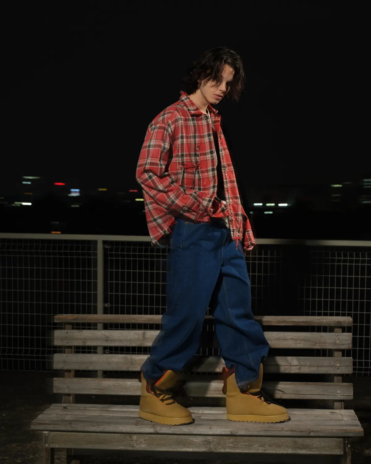 LNM Red & Blue Colorblock Plaid Distressed Shirt
