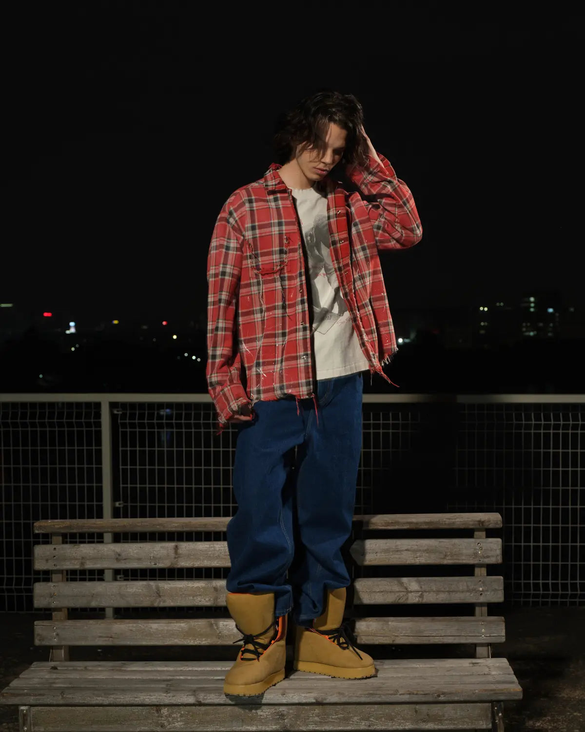 LNM Red & Blue Colorblock Plaid Distressed Shirt