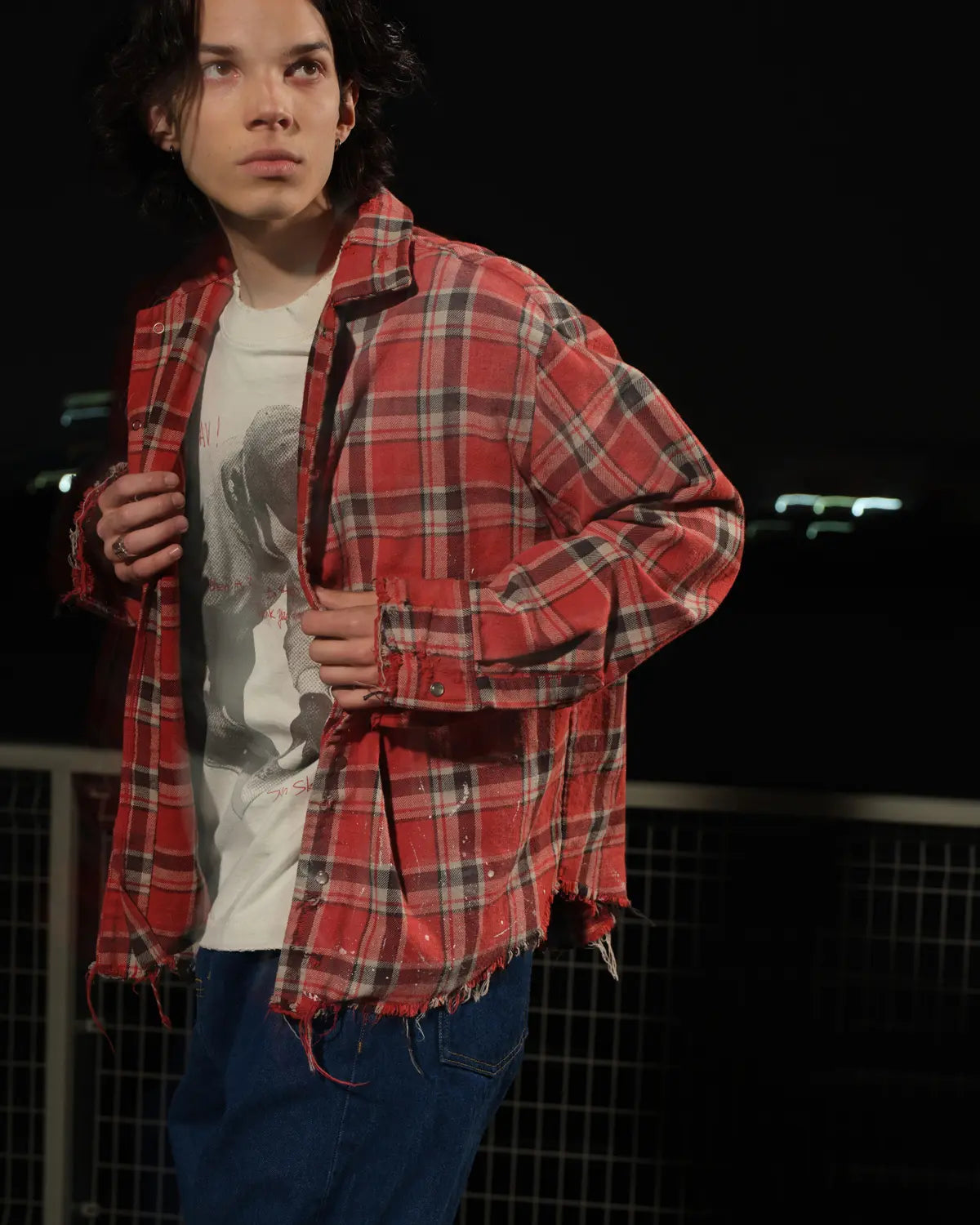 LNM Red & Blue Colorblock Plaid Distressed Shirt