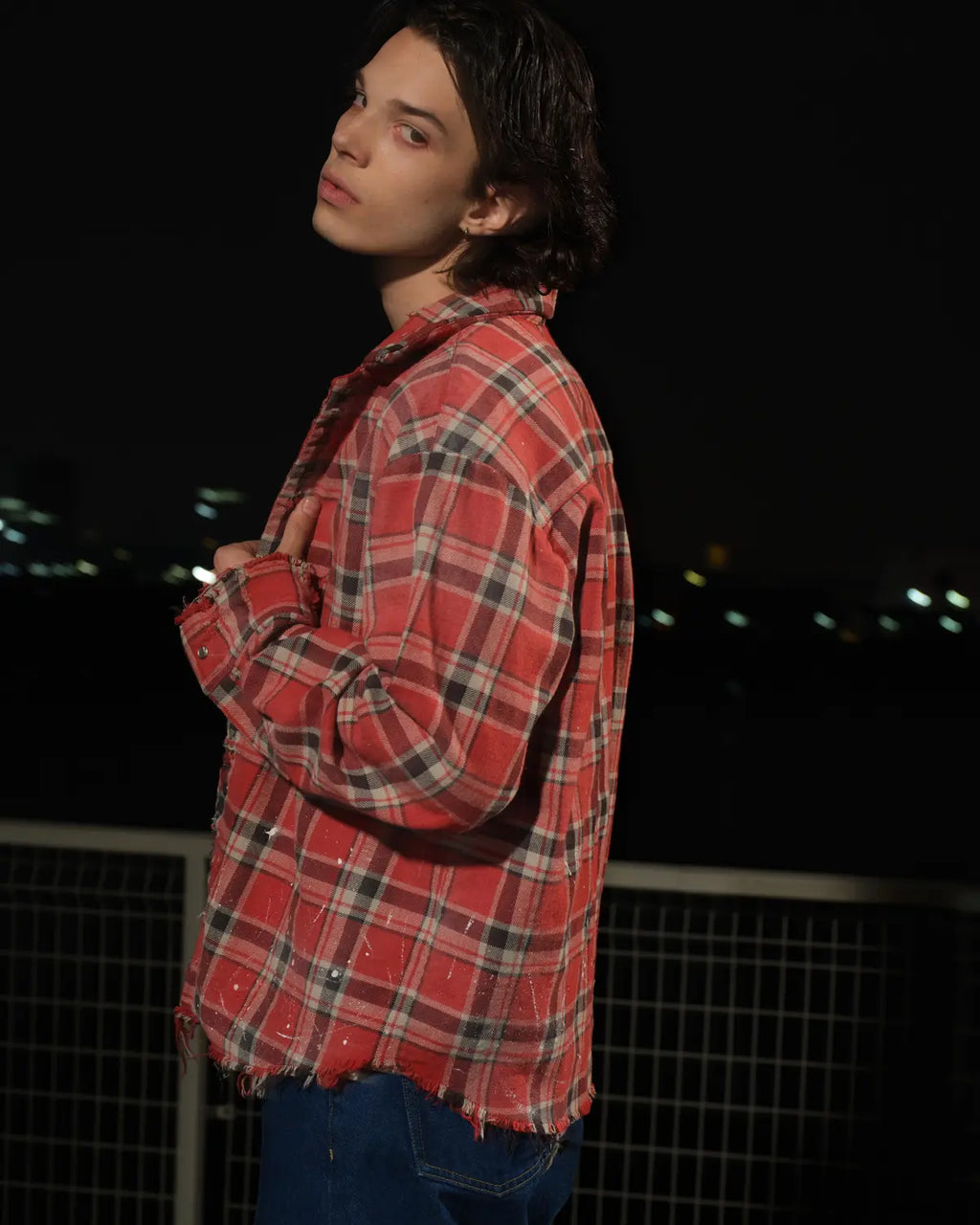 LNM Red & Blue Colorblock Plaid Distressed Shirt